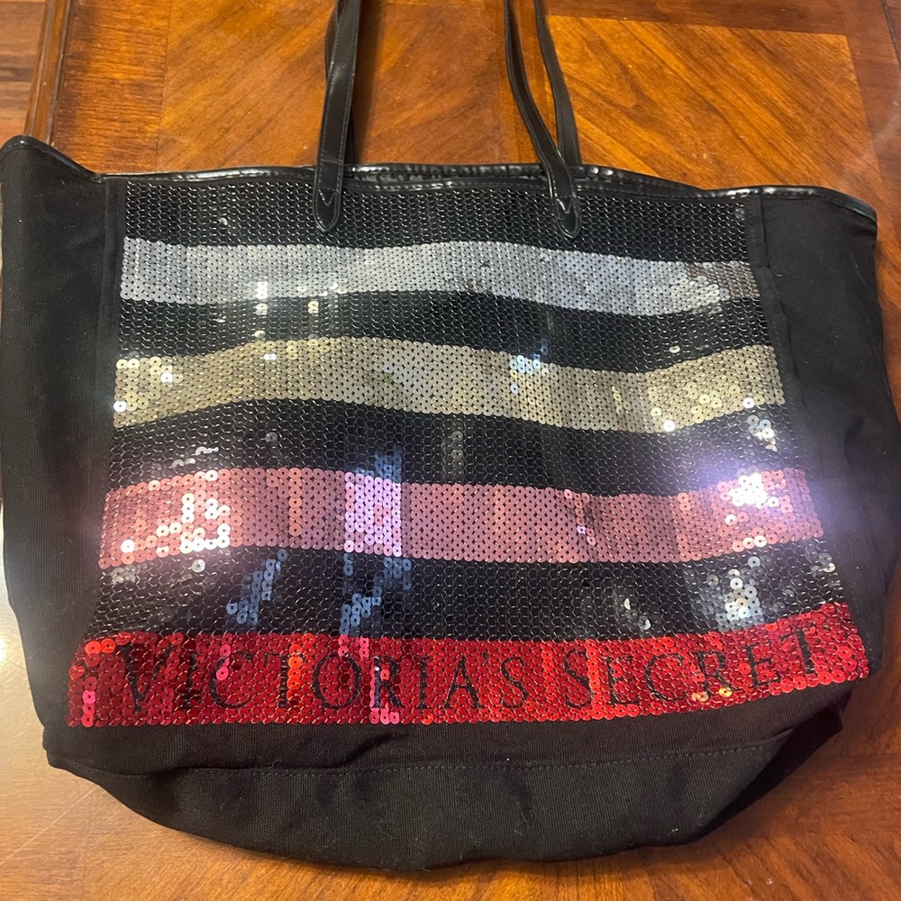 Victoria's Secret Black Tote with Sequin Stripes